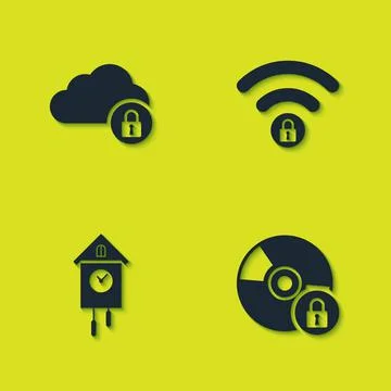 Set Cloud computing lock, CD or DVD disk with, Retro wall watch and Wifi locked 스톡 일러스트