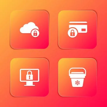 Set Cloud computing lock, Credit card with, Lock on monitor and Cooler bag icon Stock Illustration