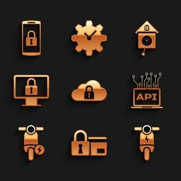 Set Cloud computing lock, Credit card with, Electric scooter, Computer api Illustrazione stock