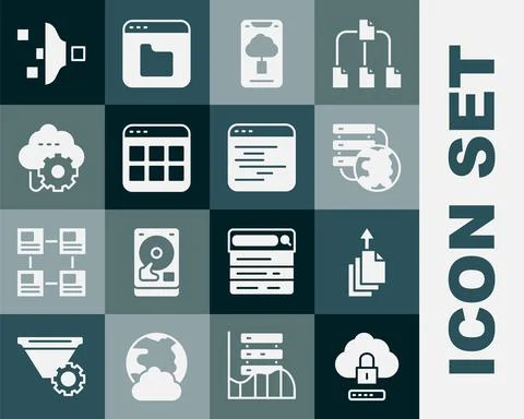 Set Cloud computing lock, Data export, Network cloud connection, technology data Illustrazione stock