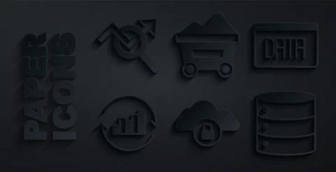 Set Cloud computing lock, Data analysis, Pie chart infographic, Server, Coal 스톡 일러스트