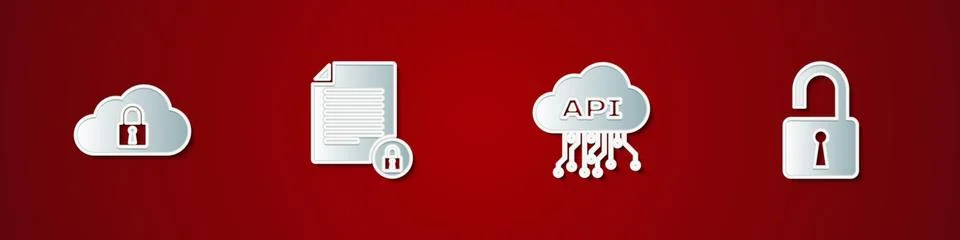 Set Cloud computing lock, Document and, api interface and Open padlock icon Stock Illustration
