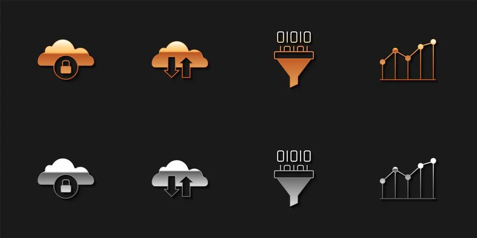Set Cloud computing lock, download and upload, Binary code and Pie chart Stock-Illustration