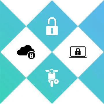 Set Cloud computing lock, Electric scooter, Open padlock and Laptop and icon Illustrazione stock