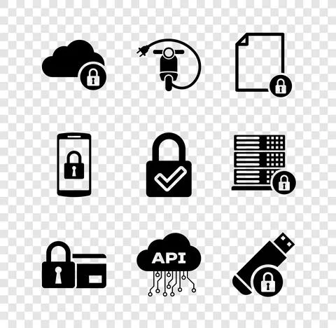 Set Cloud computing lock, Electric scooter, Document and, Credit card with, api 스톡 일러스트