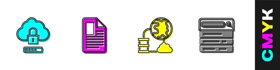 Set Cloud computing lock, File document, Network cloud connection and Search Illustrazione stock