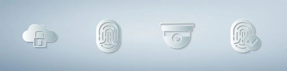 Set Cloud computing lock, Fingerprint, Security camera and . Paper art style Illustrazione stock