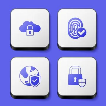 Set Cloud computing lock, Fingerprint, Shield with world globe and security icon 스톡 일러스트