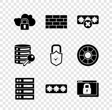 Set Cloud computing lock, Firewall, security wall, Password protection, Server 스톡 일러스트