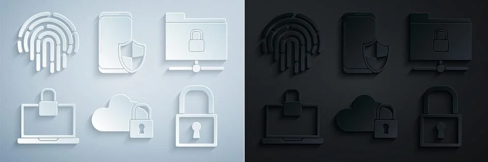 Set Cloud computing lock, FTP folder and, Laptop, Lock, Smartphone with security Illustrazione stock