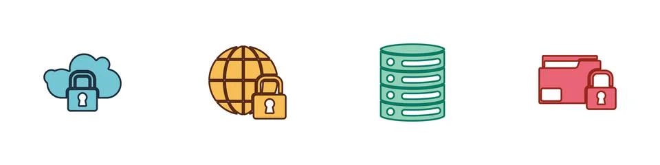 Set Cloud computing lock, Global lockdown, Server, Data, Web Hosting and Folder Stock Illustration