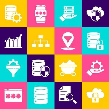 Set Cloud computing lock, Hand settings gear, Server security with, Server, Data Illustrazione stock