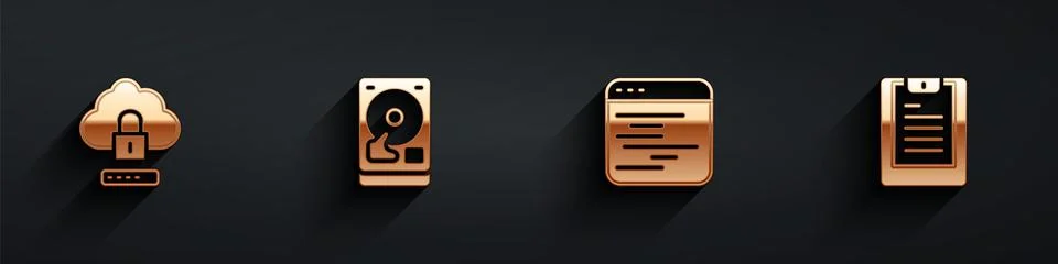 Set Cloud computing lock, Hard disk drive HDD, Software and Server, Data report Stock Illustration