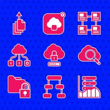 Set Cloud computing lock, Hierarchy organogram chart, Server, Data, Web Hosting Stock Illustration