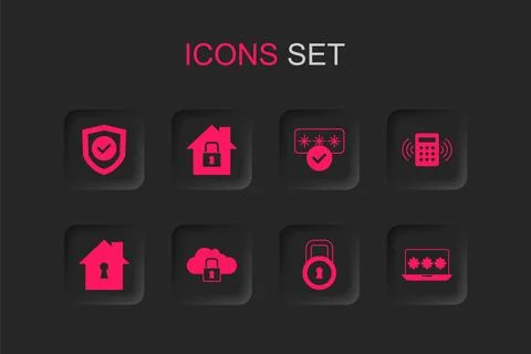 Set Cloud computing lock, House under protection, Shield with check mark, L.. Ilustração Stock