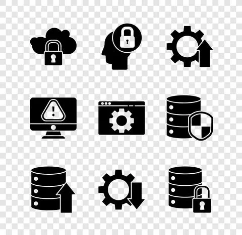 Set Cloud computing lock, Human head with, Arrow growth gear, Server, Data, Web Illustrazione stock