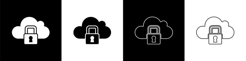 Set Cloud computing lock icon isolated on black and white background. Security Stock Illustration
