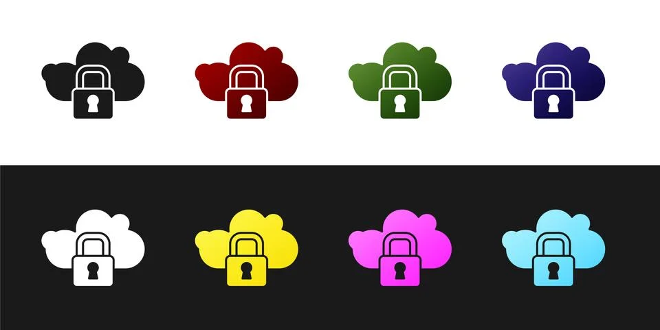 Set Cloud computing lock icon isolated on black and white background. Security 库存插图