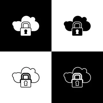 Set Cloud computing lock icon isolated on black and white background. Security Stock Illustration