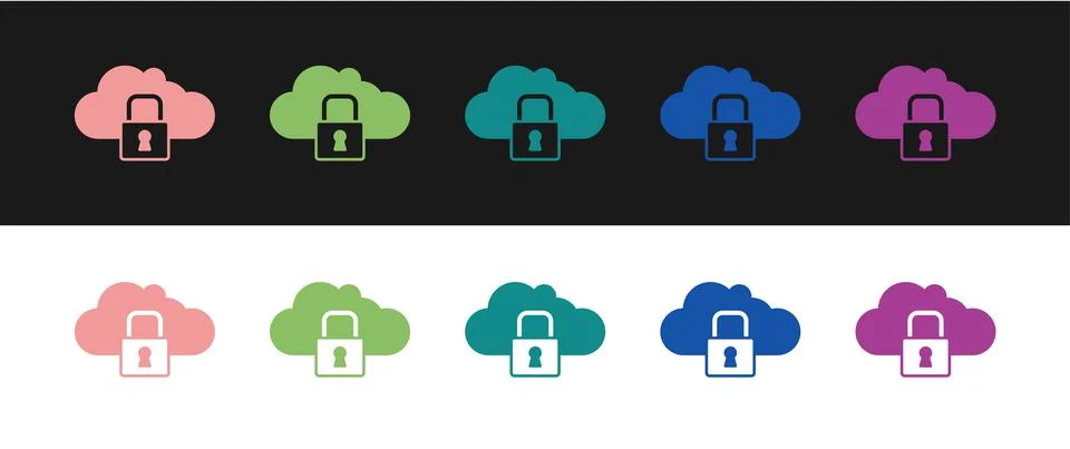 Set Cloud computing lock icon isolated on black and white background. Security 库存插图