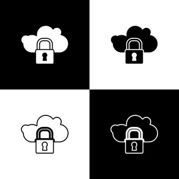 Set Cloud computing lock icon isolated on black and white background. Security 스톡 일러스트
