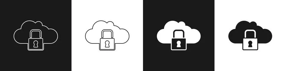 Set Cloud computing lock icon isolated on black and white background. Securit Illustrazione stock