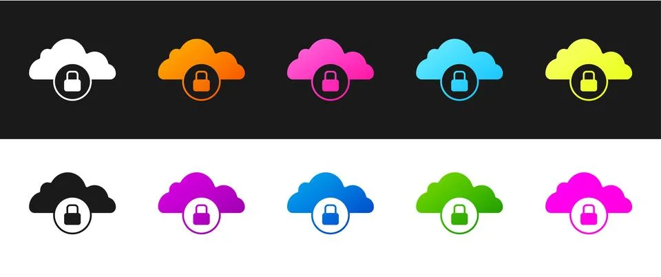 Set Cloud computing lock icon isolated on black and white background. Security Stock Illustration
