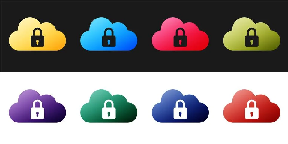 Set Cloud computing lock icon isolated on black and white background. Security Stock Illustration
