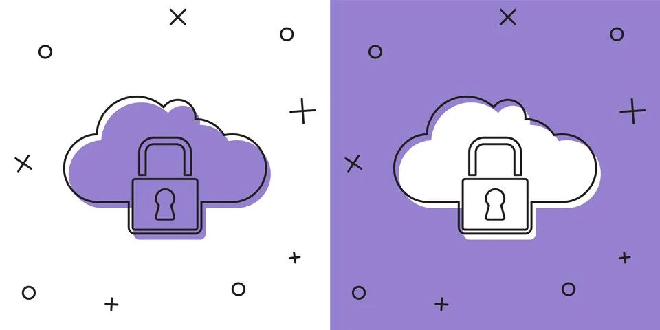 Set Cloud computing lock icon isolated on white and purple background. Security Stock Illustration