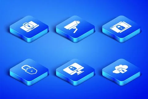 Set Cloud computing lock, Laptop and, Lock on computer monitor, check mark Stock Illustration