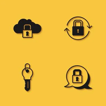 Set Cloud computing lock, Lock, Key and icon with long shadow. Vector Stock Illustration