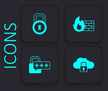 Set Cloud computing lock, Lock, Firewall, security wall and Cyber icon. Black Stock Illustration