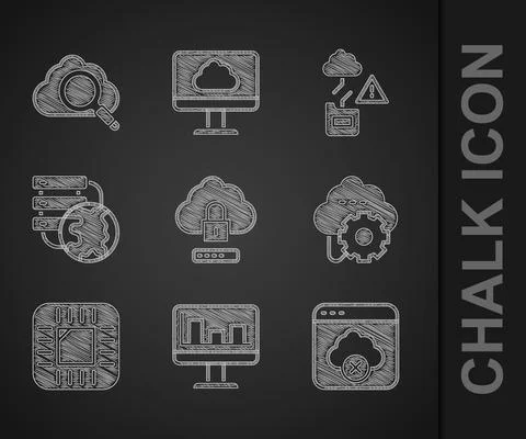 Set Cloud computing lock, Monitor with graph chart, Failed access cloud storage Stockillustratie
