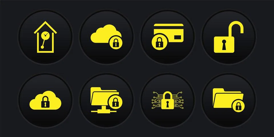 Set Cloud computing lock, Open padlock, FTP folder and, Cyber security, Credit Stock Illustration