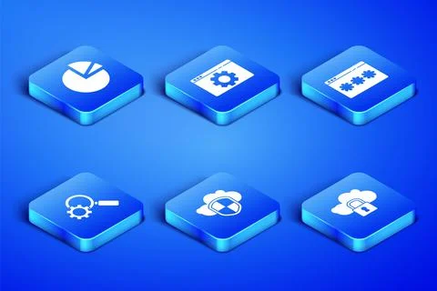 Set Cloud computing lock, Pie chart infographic, and shield, Magnifying glass 스톡 일러스트