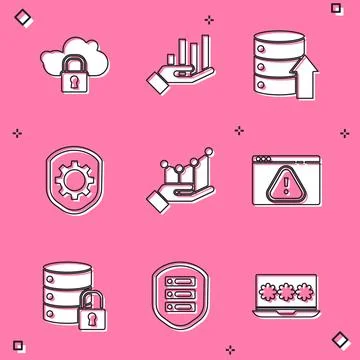 Set Cloud computing lock, Pie chart infographic, Server, Data, Web Hosting Stock Illustration