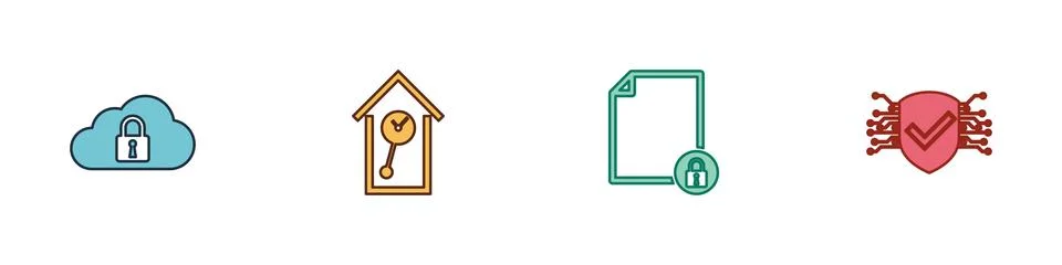 Set Cloud computing lock, Retro wall watch, Document and and Cyber security i Stock Illustration