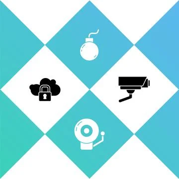 Set Cloud computing lock, Ringing alarm bell, Bomb ready to explode and Security Stock Illustration