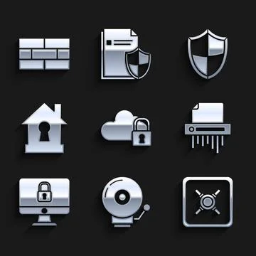 Set Cloud computing lock, Ringing alarm bell, Safe, Paper shredder confidential Illustrazione stock