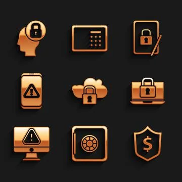 Set Cloud computing lock, Safe, Shield with dollar, Laptop and, Monitor Stock Illustration