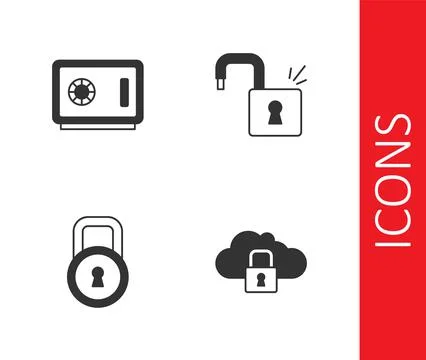 Set Cloud computing lock, Safe, Lock and Open padlock icon. Vector Stock Illustration