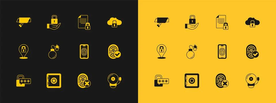 Set Cloud computing lock, Safe, Mobile with fingerprint scanner, Cancelled,.. Stock Illustration