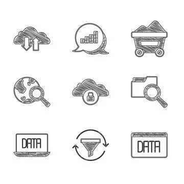 Set Cloud computing lock, Sales funnel with chart, Data analysis, Search fold 스톡 일러스트