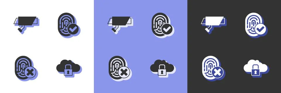 Set Cloud computing lock, Security camera, Cancelled fingerprint and Fingerpr Stock Illustration