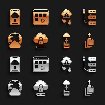 Set Cloud computing lock, Server, Data export, technology data transfer, Social Stock Illustration