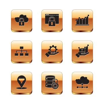 Set Cloud computing lock, Server security, Hand settings gear, Hierarchy Illustrazione stock