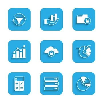Set Cloud computing lock, Server, Pie chart infographic, Calculator, Folder a 스톡 일러스트