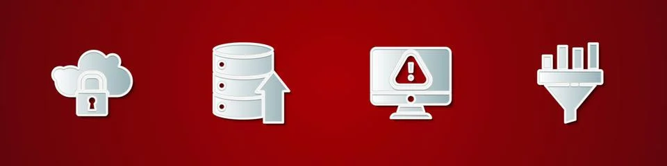 Set Cloud computing lock, Server, Data, Web Hosting, Monitor with exclamation Stock Illustration