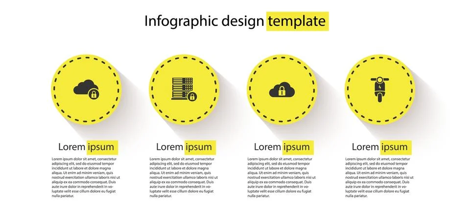 Set Cloud computing lock, Server security with,  and Electric scooter. Busine Stock Illustration