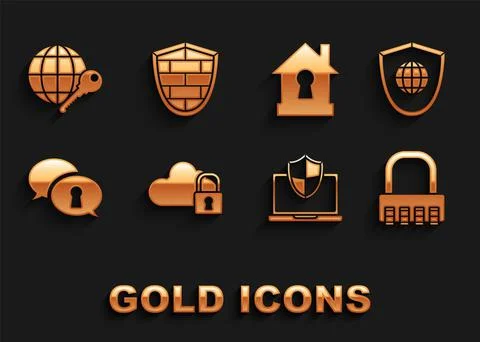 Set Cloud computing lock, Shield with world globe, Safe combination, Laptop Illustrazione stock